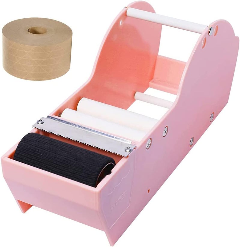 QILIMA Desktop Pink Water Activated Tape Dispenser with Reinforced Kraft Paper Gum Tape 1.88In x 55 Yards for Shipping, Carton and Box Sealing - Image 1